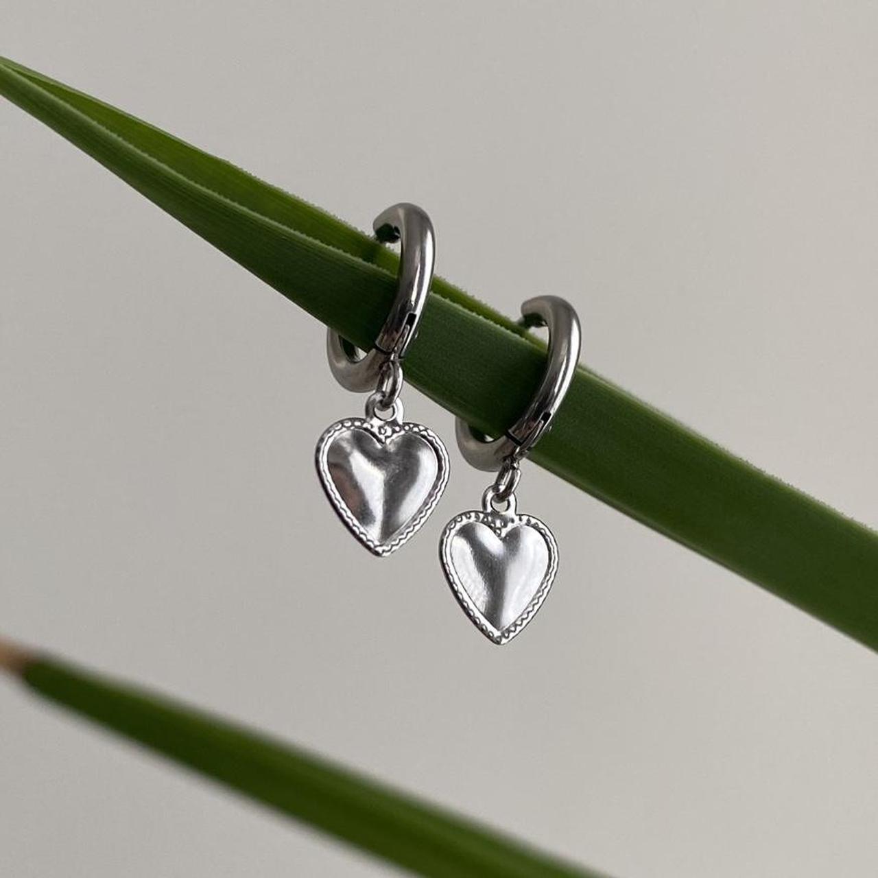 Petite Silver Heart Dangle Hoop Earrings Also