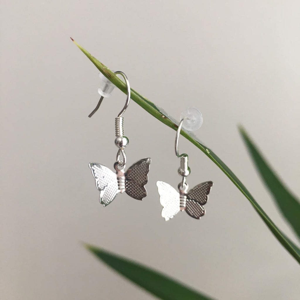 Simple Silver Butterfly Drop Dangle Earrings Also