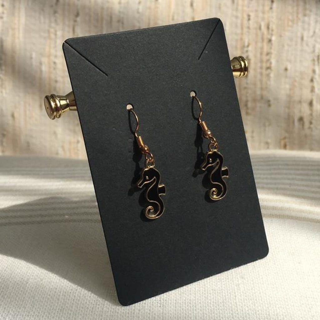 Black Seahorse Dangle Drop Earrings With Gold - Image 2
