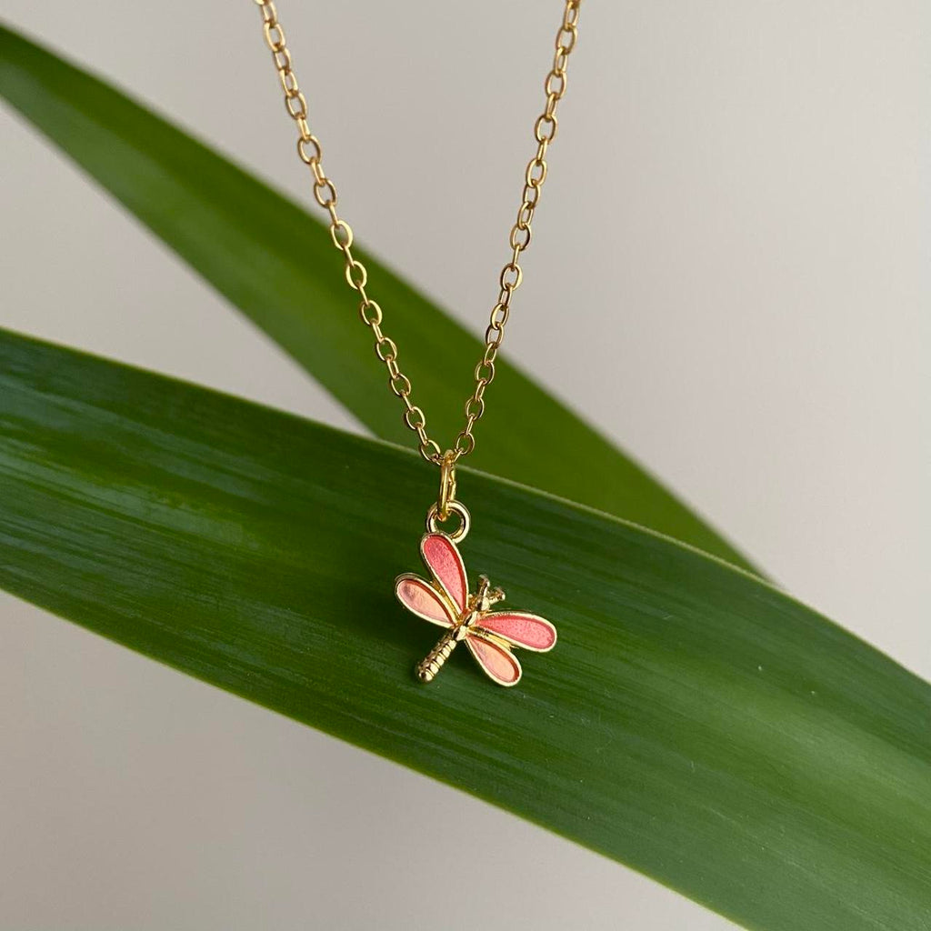 Pink And Orange Enamel Dragonfly Pendant Chain - Image 2