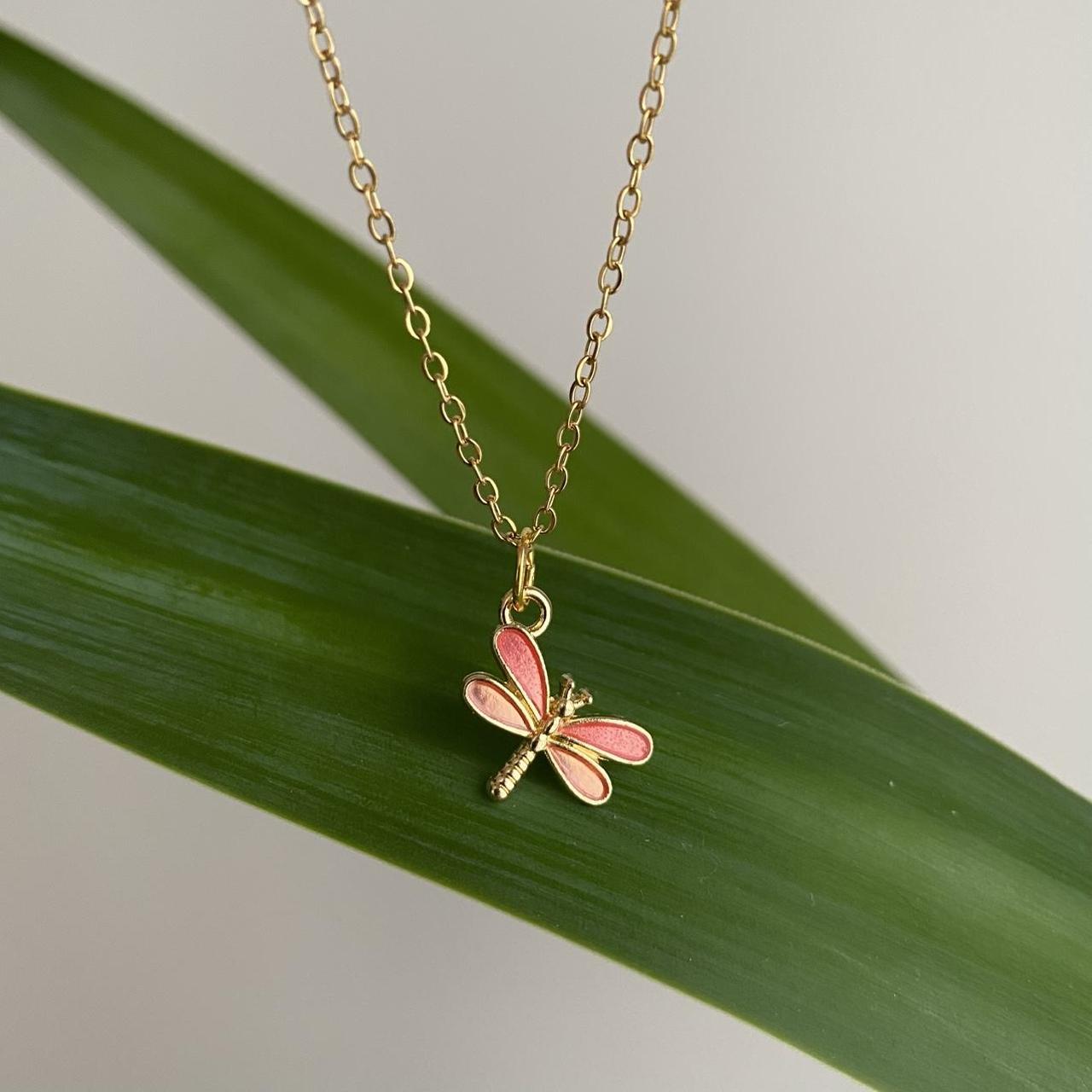 Pink And Orange Enamel Dragonfly Pendant Chain - Image 2