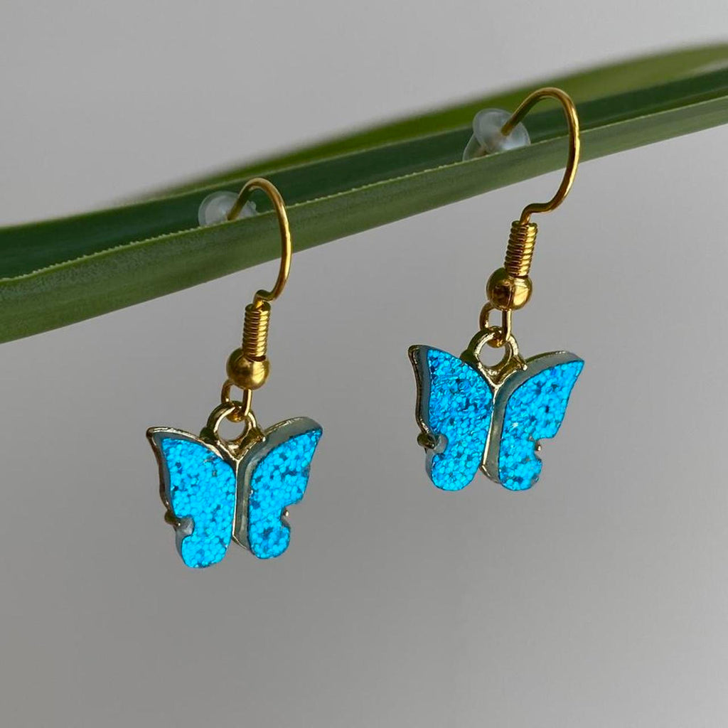 Blue Sparkle Butterfly Dangle Earrings With Gold