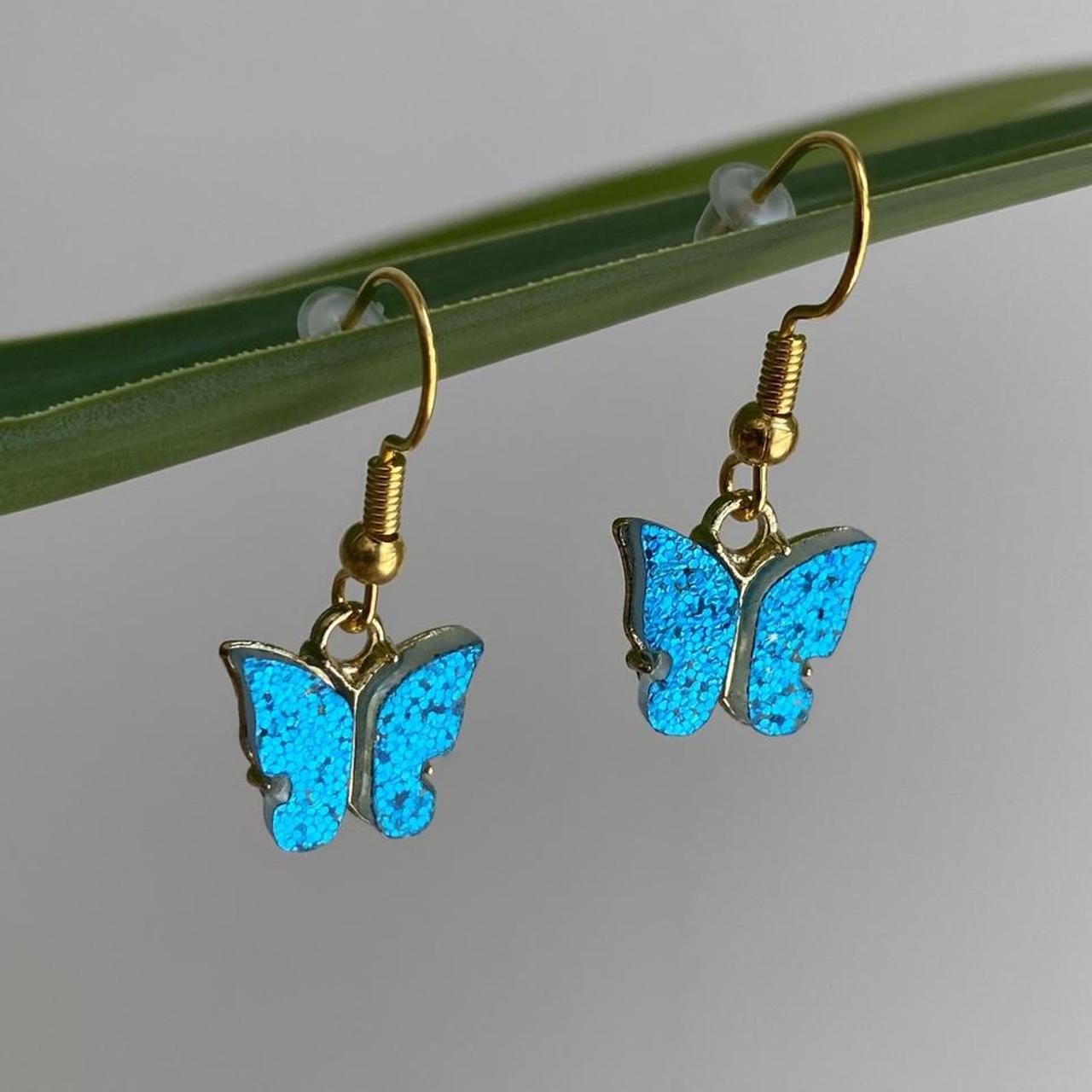 Blue Sparkle Butterfly Dangle Earrings With Gold