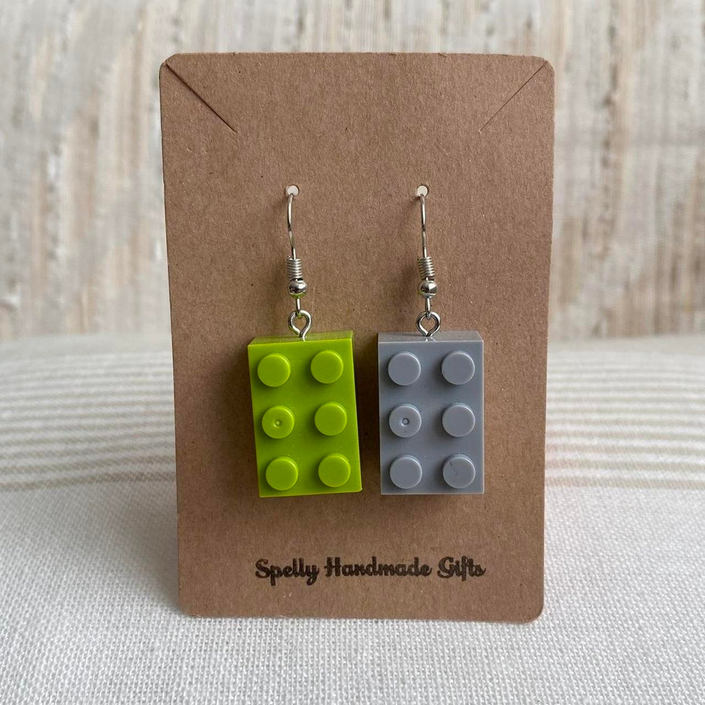 Green And Grey Lego Dangle Earrings With Silver - Image 3