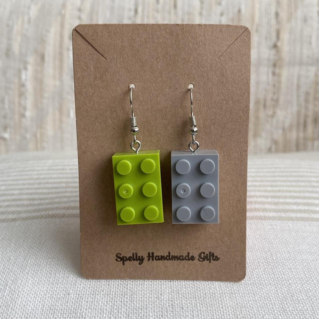Green And Grey Lego Dangle Earrings With Silver - Image 3