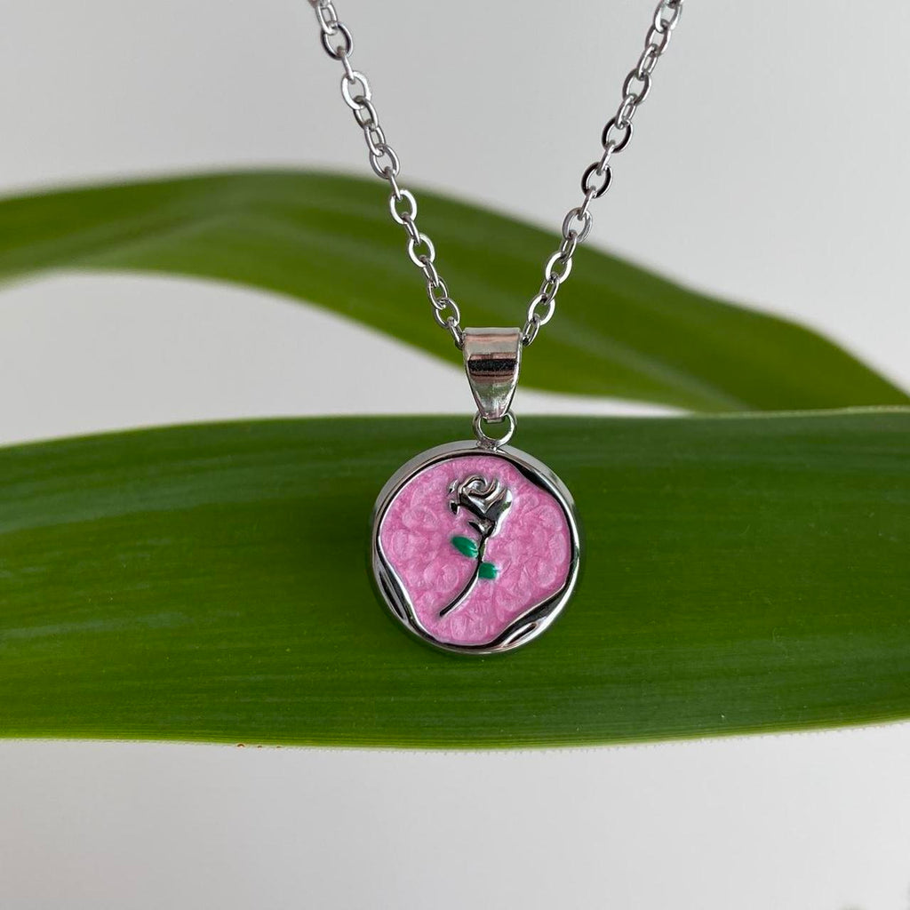 Pink Enamel Rose In Circle Pendant Chain Necklace - Image 6