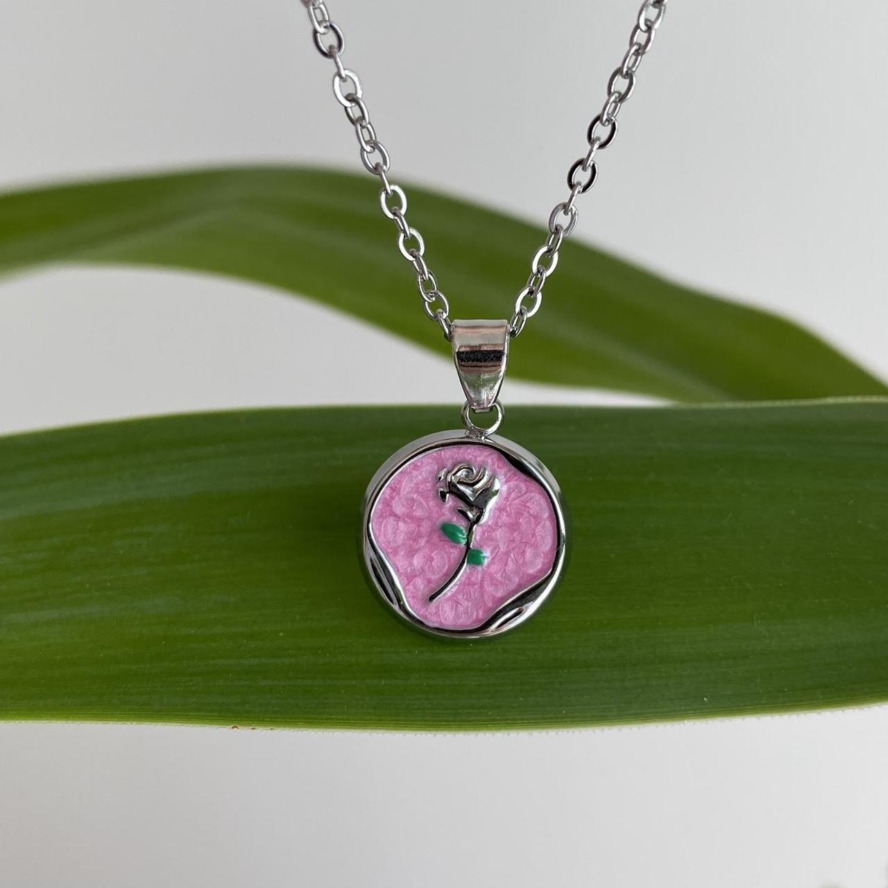 Pink Enamel Rose In Circle Pendant Chain Necklace - Image 6