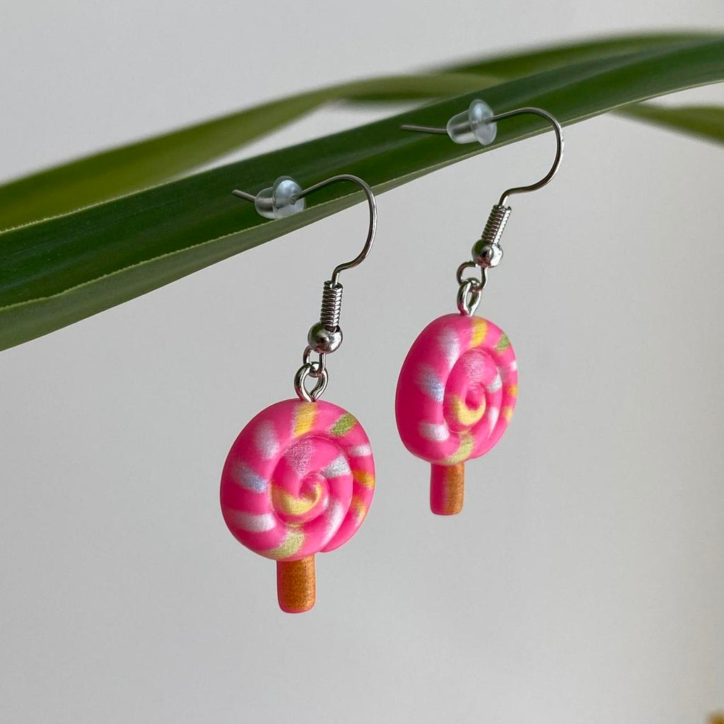 Pink Swirly Lollipop Dangle Earrings With Silver - Image 3