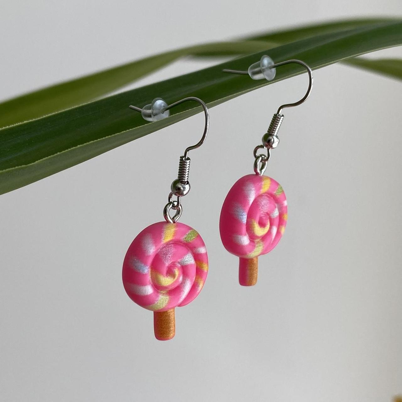 Pink Swirly Lollipop Dangle Earrings With Silver - Image 3