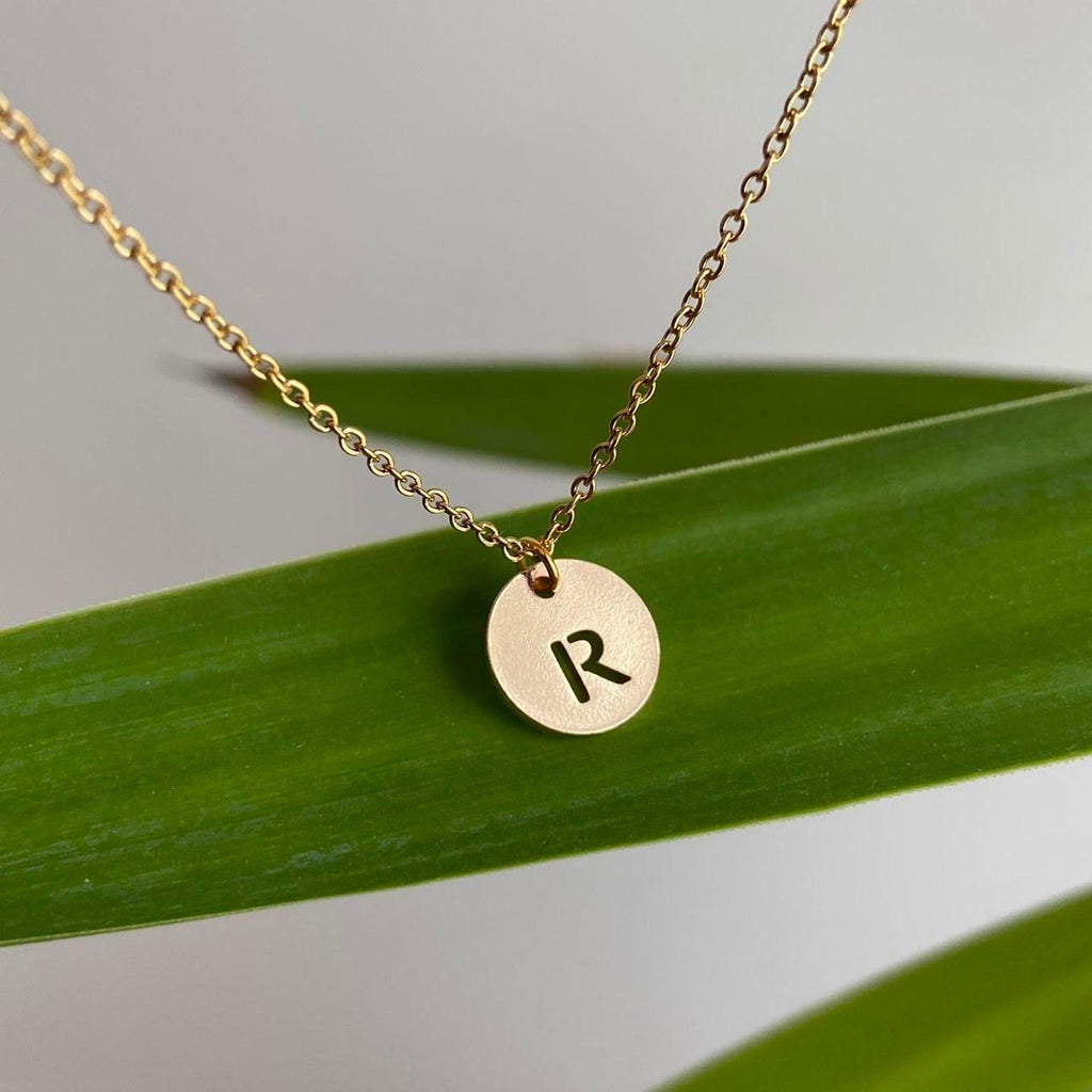 Circle Stamped Gold Letter R Initial Pendant Chain
