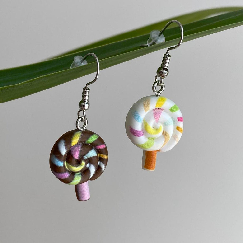 Brown And White Swirly Lollipop Dangle Earrings With