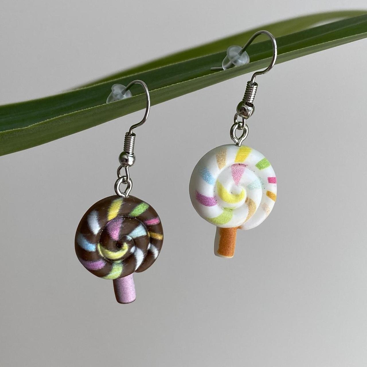 Brown And White Swirly Lollipop Dangle Earrings With
