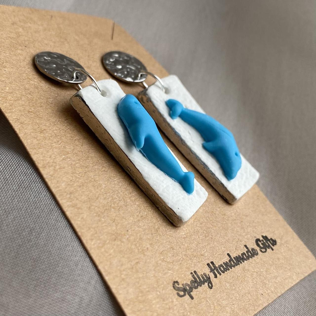 Handmade Dolphin Polymer Clay Dangle Stud Earrings - Image 3