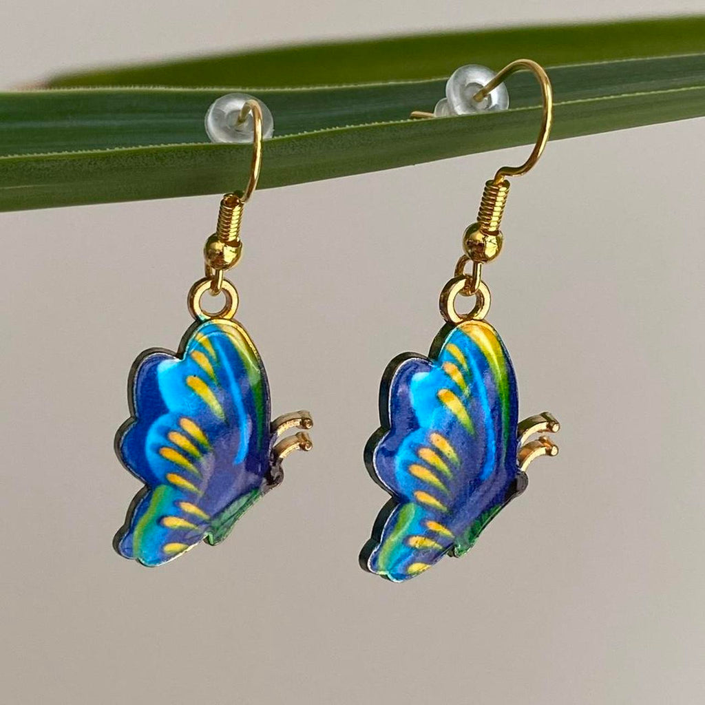 Blue Yellow Green Butterfly Enamel Dangle Earrings