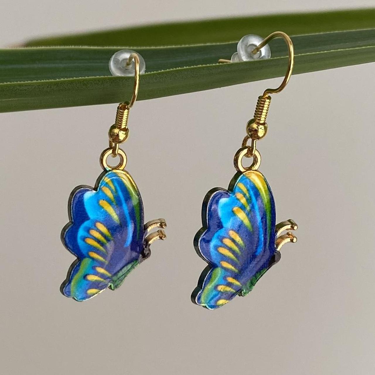 Blue Yellow Green Butterfly Enamel Dangle Earrings