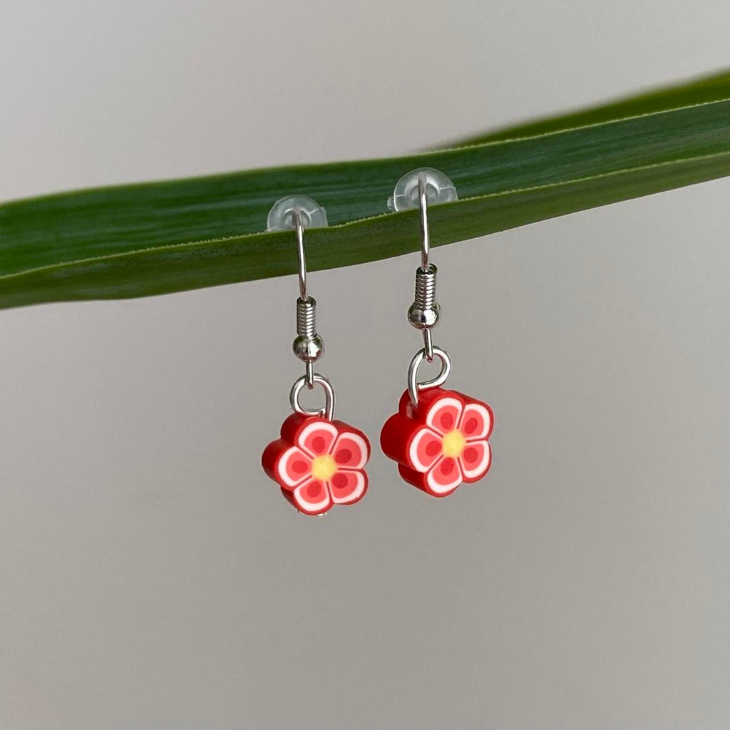 Red Tropical Flower Polymer Clay Dangle Earrings - Image 2