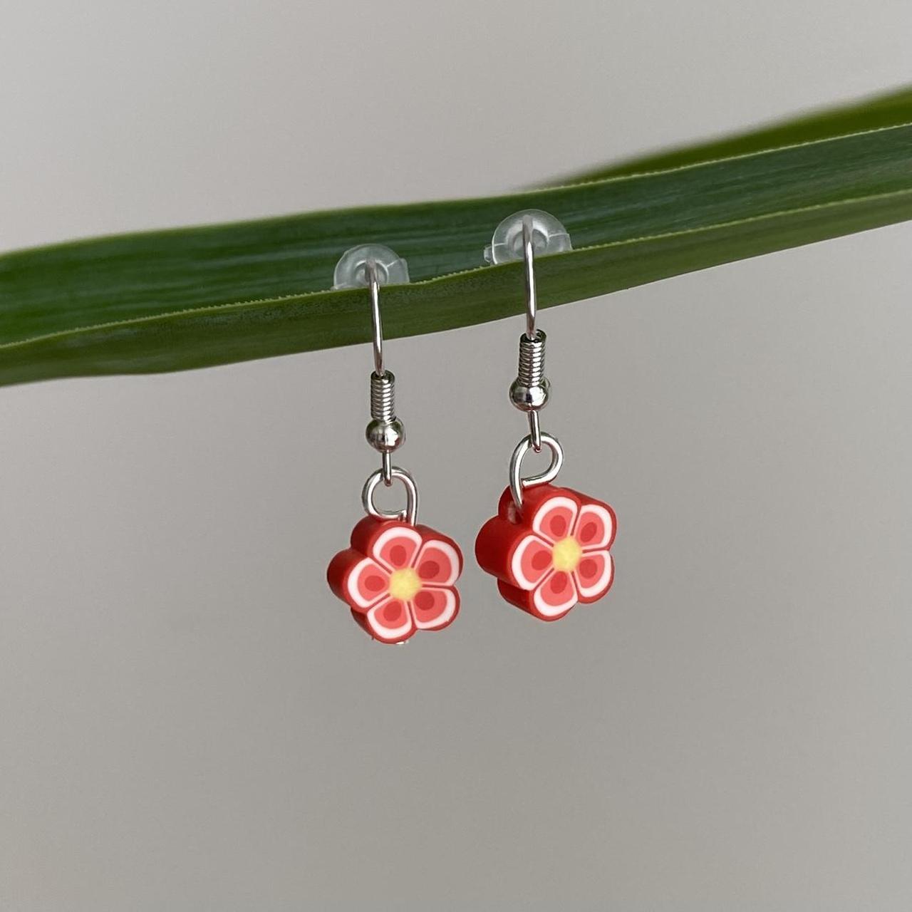 Red Tropical Flower Polymer Clay Dangle Earrings - Image 2