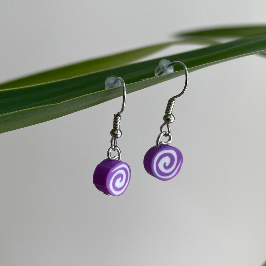 Purple Swirl Candy Disc Polymer Clay Dangle Earrings - Image 2