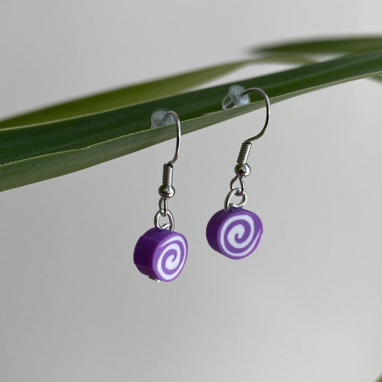 Purple Swirl Candy Disc Polymer Clay Dangle Earrings - Image 2
