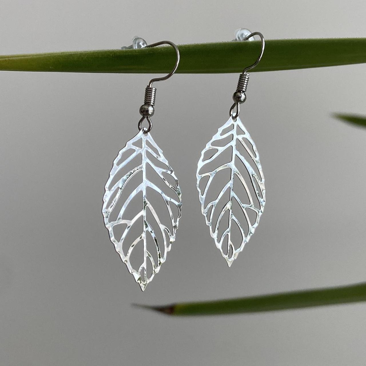Medium Silver Leaf Dangle Earrings 3 Sizes - Image 2