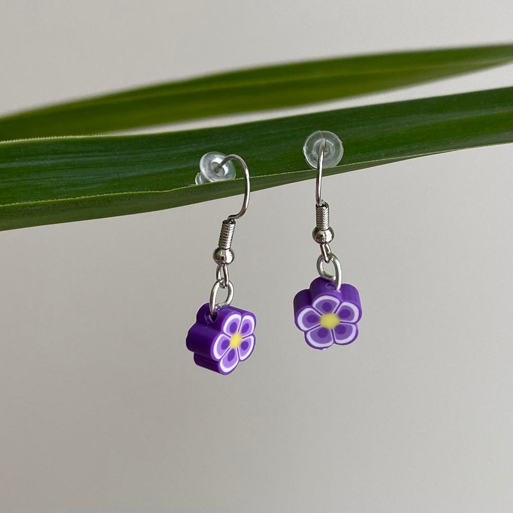 Dark Purple Tropical Flower Polymer Clay Dangle - Image 2