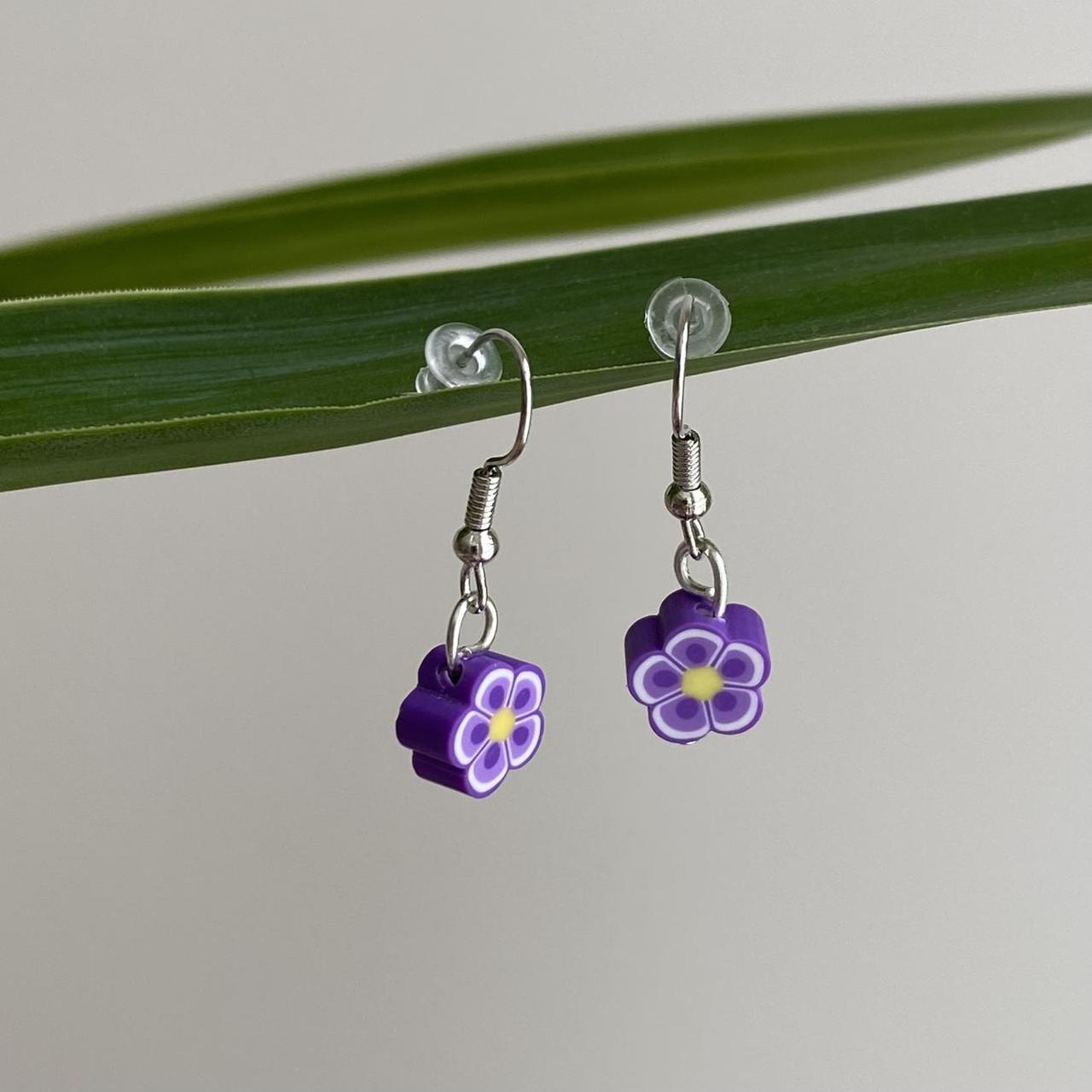 Dark Purple Tropical Flower Polymer Clay Dangle - Image 2