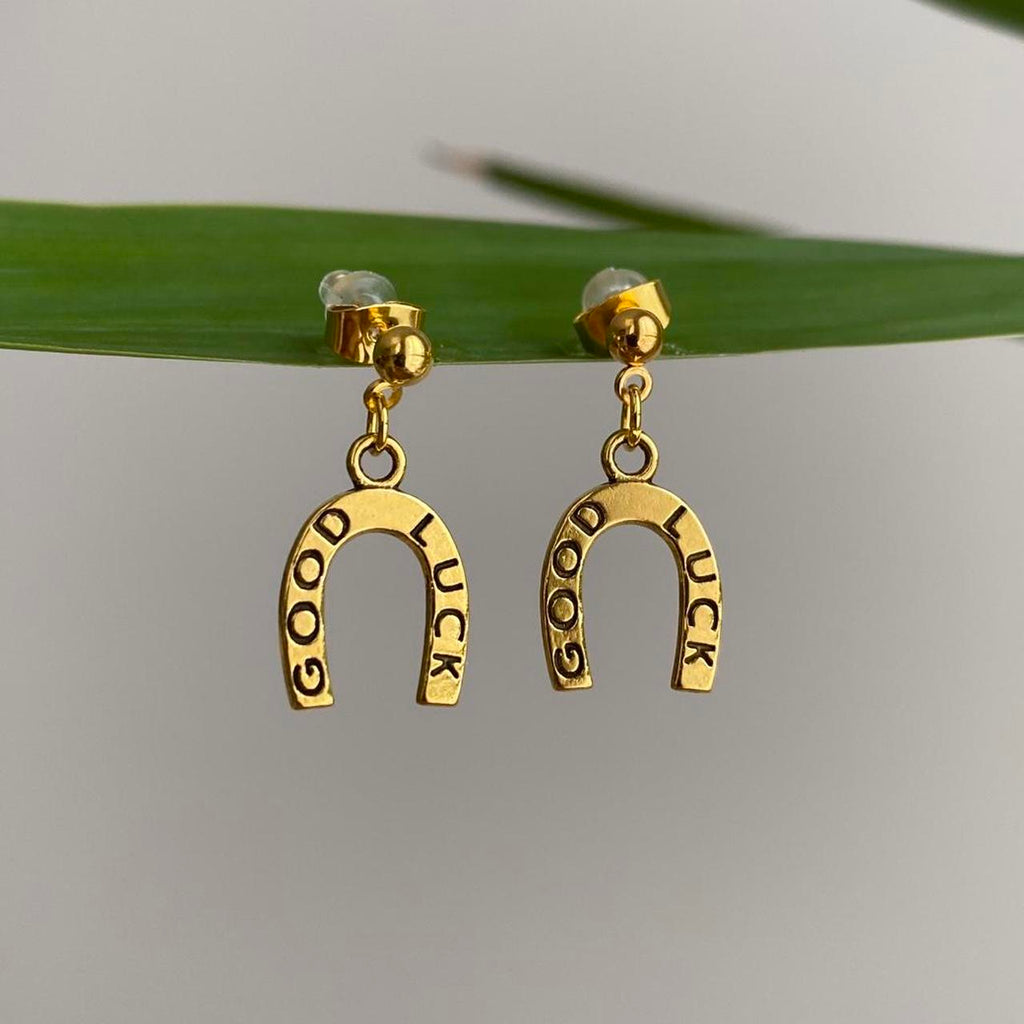 Western Good Luck Horse Shoe Gold Dangle Stud - Image 3
