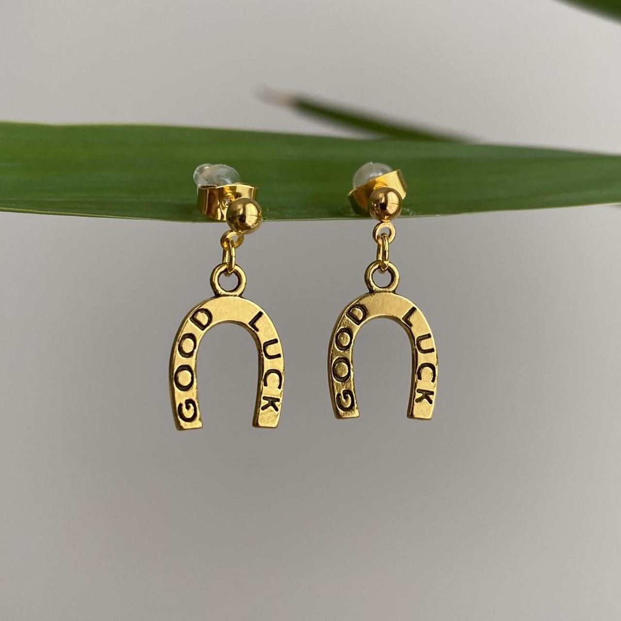 Western Good Luck Horse Shoe Gold Dangle Stud - Image 3