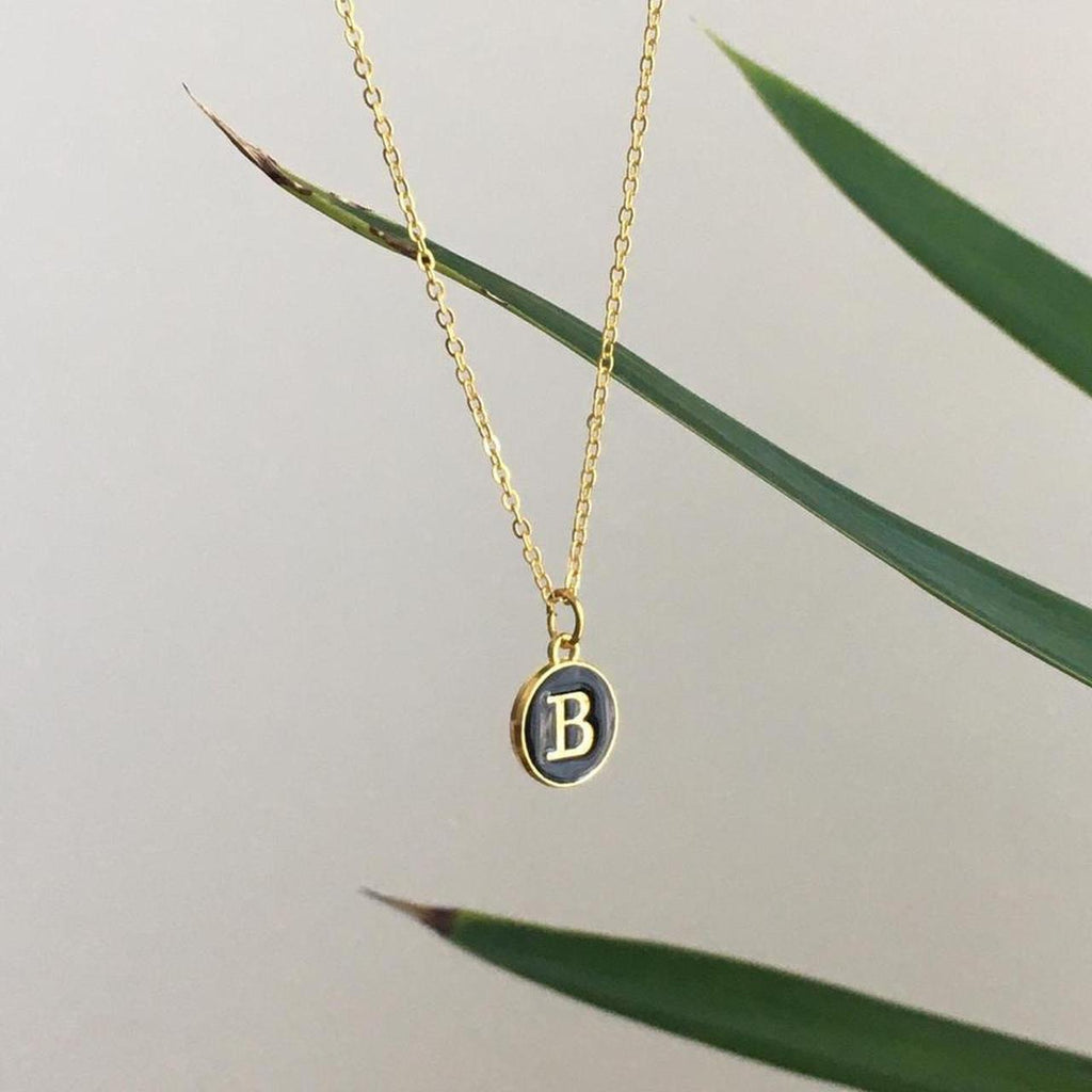 Letter B Initial Black Enamel Pendant Chain