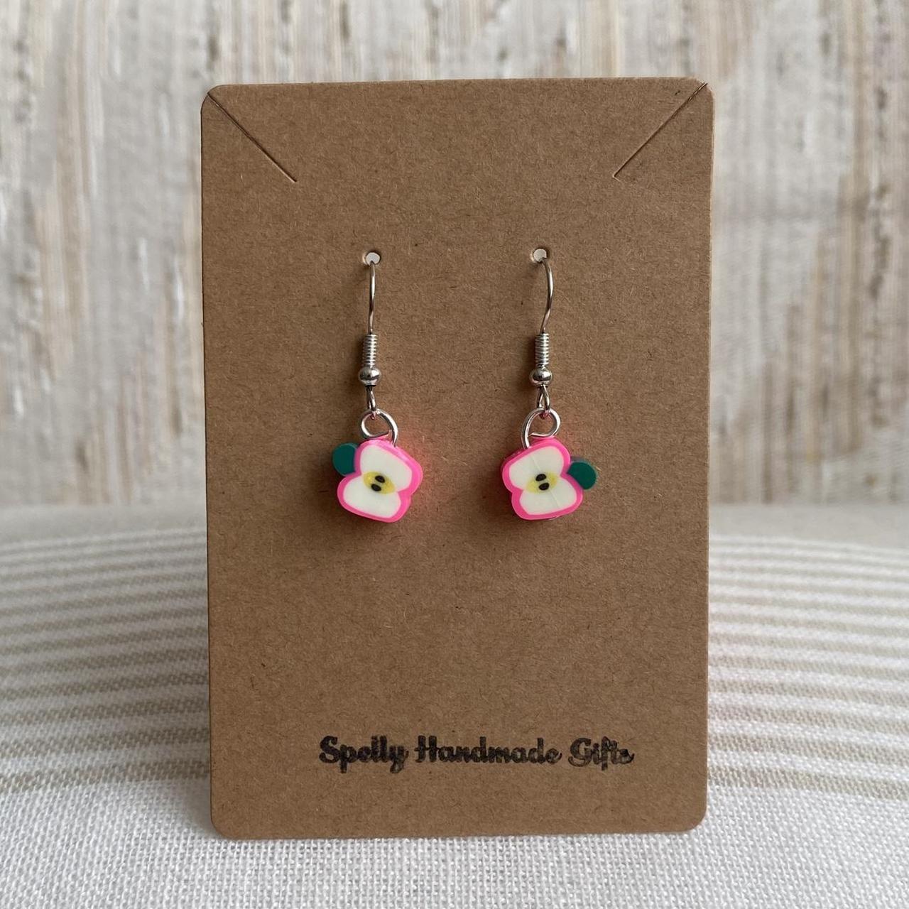 Pink Sliced Apple Fruit Polymer Clay Dangle Earrings - Image 3