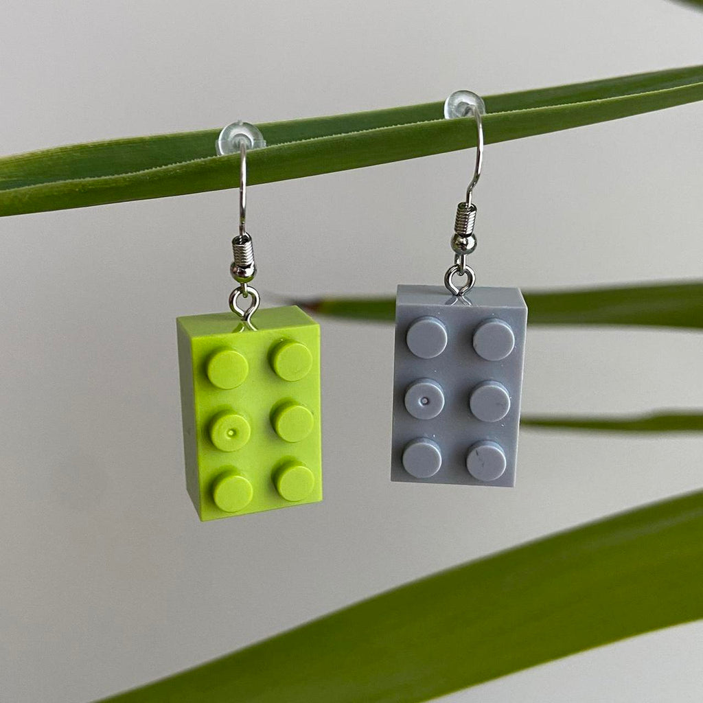 Lego Green And Grey Dangle Earrings Hand Made