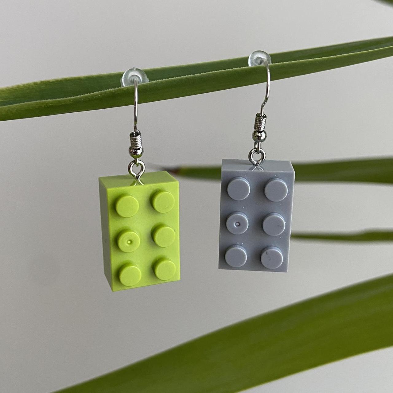 Lego Green And Grey Dangle Earrings Hand Made