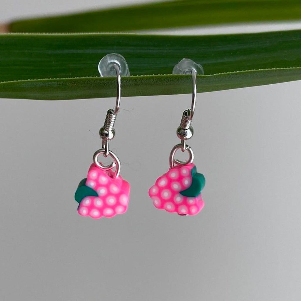 Pink Grapes Fruit Polymer Clay Dangle Earrings With