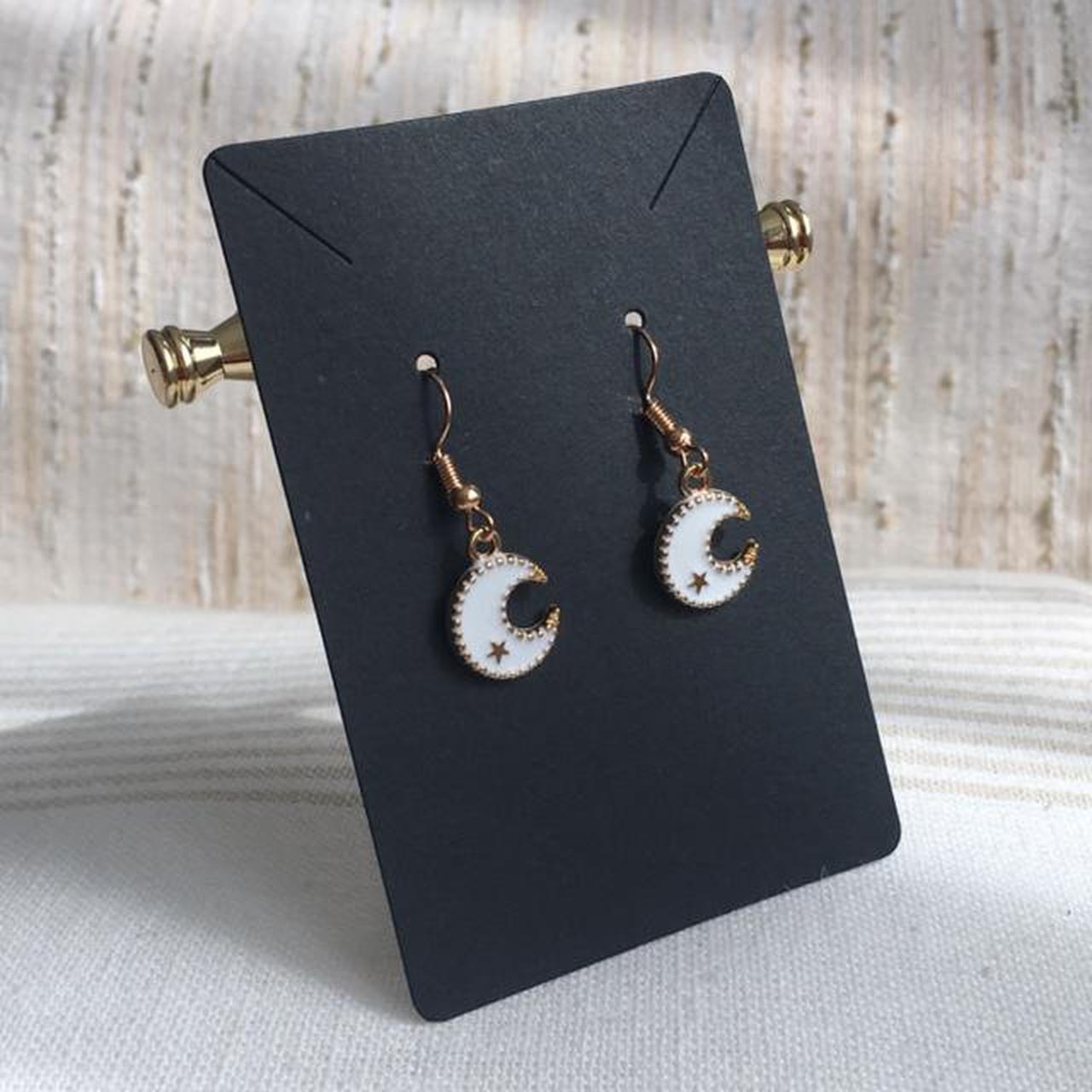 White Moon Dangle Earrings With Gold Star Accent - Image 2