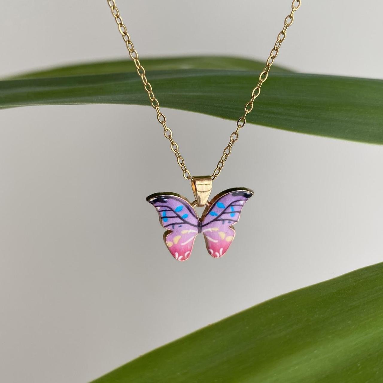 Pink And Purple Ombr Butterfly Enamel Pendant Chain - Image 3