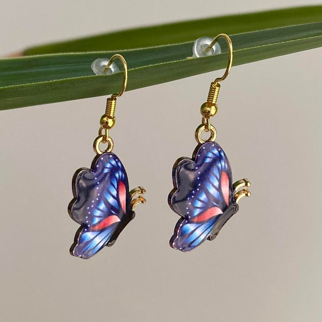 Dark Blue And Red Butterfly Enamel Dangle Earrings - Image 3