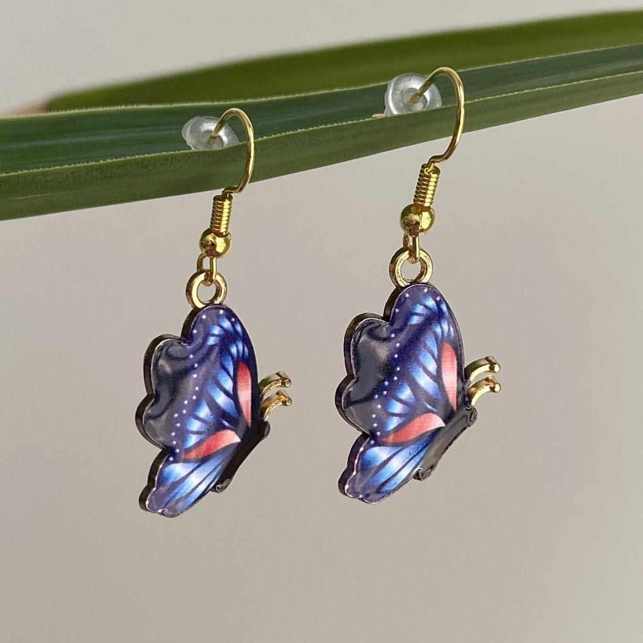 Dark Blue And Red Butterfly Enamel Dangle Earrings - Image 3