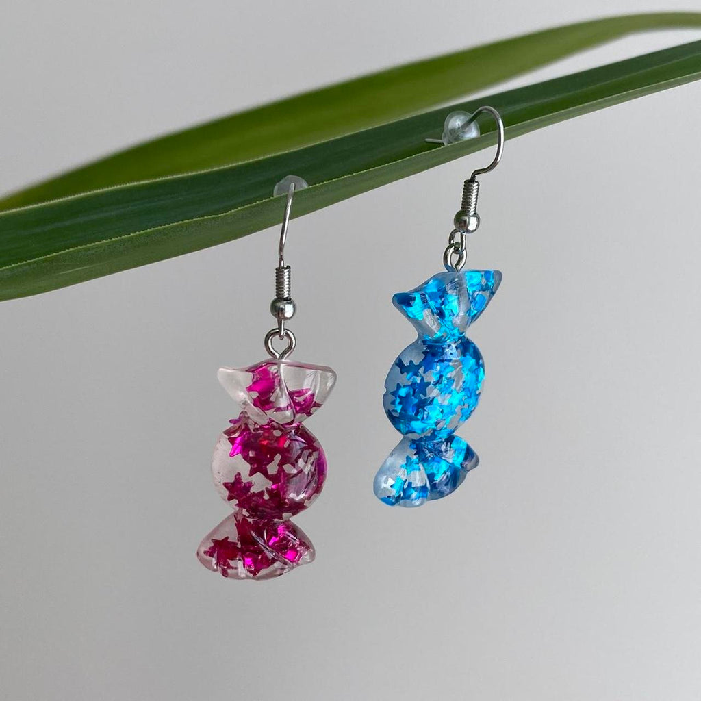 Sparkly Resin Pink And Blue Candy Dangle Earrings - Image 4