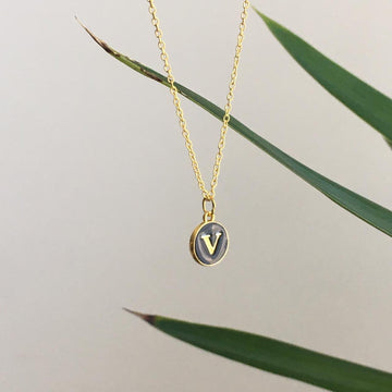 Letter V Initial Black Enamel Pendant Chain