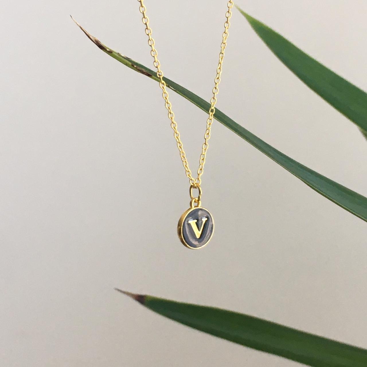 Letter V Initial Black Enamel Pendant Chain