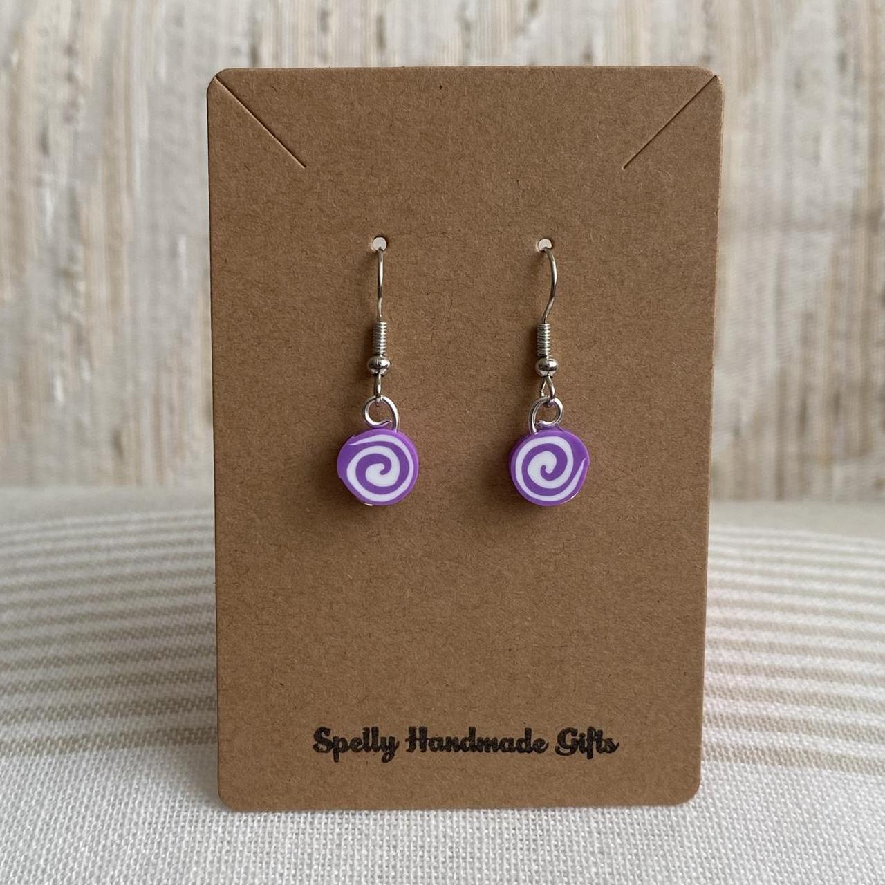 Purple Swirl Candy Disc Polymer Clay Dangle Earrings - Image 3