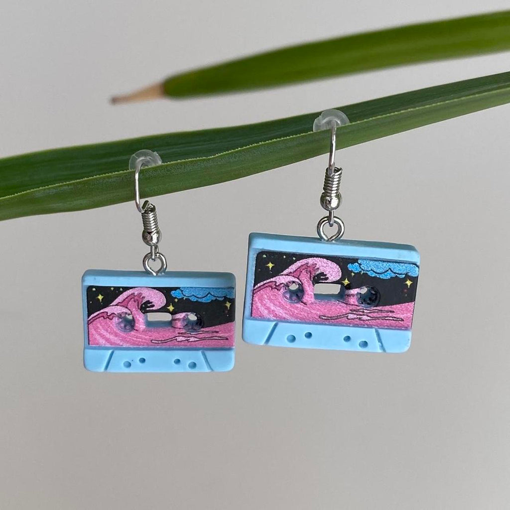 Blue Vintage Music Cassette Tape Dangle Earrings - Image 3
