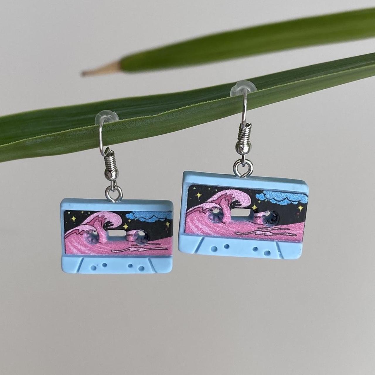 Blue Vintage Music Cassette Tape Dangle Earrings - Image 3