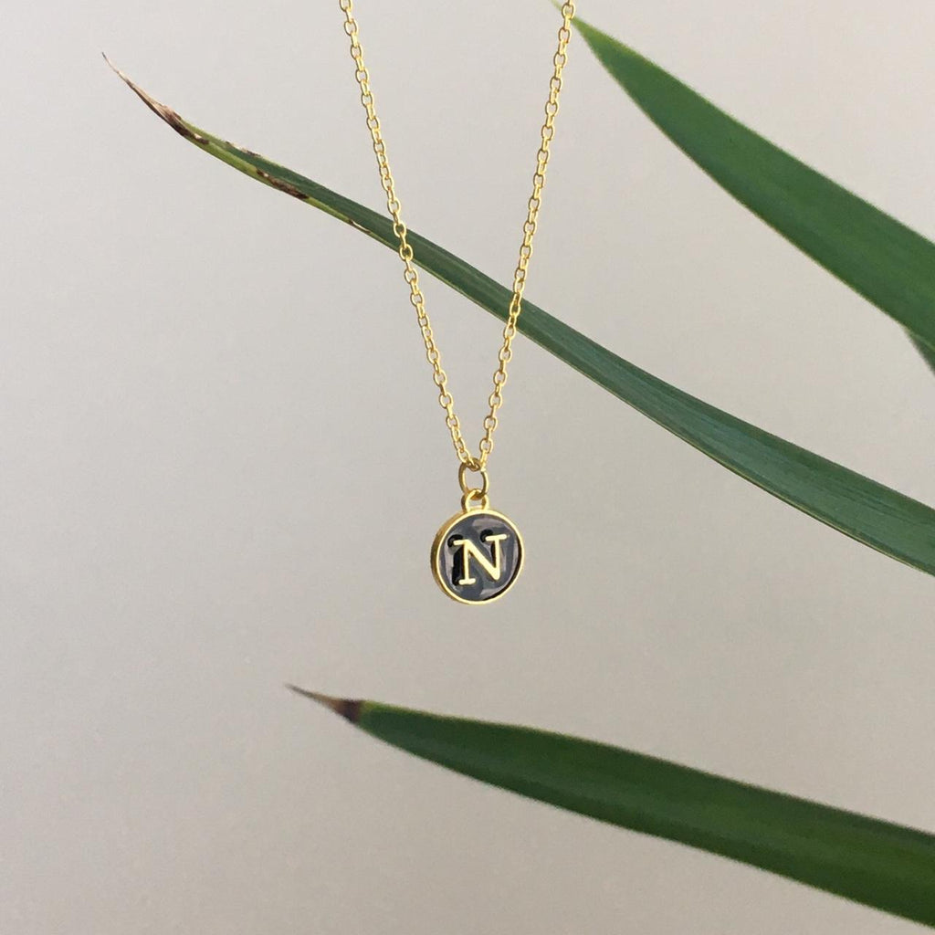 Letter N Initial Black Enamel Pendant Chain
