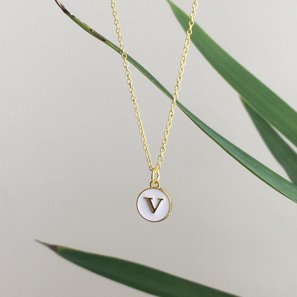 Letter V Initial White Enamel Pendant Chain Necklace