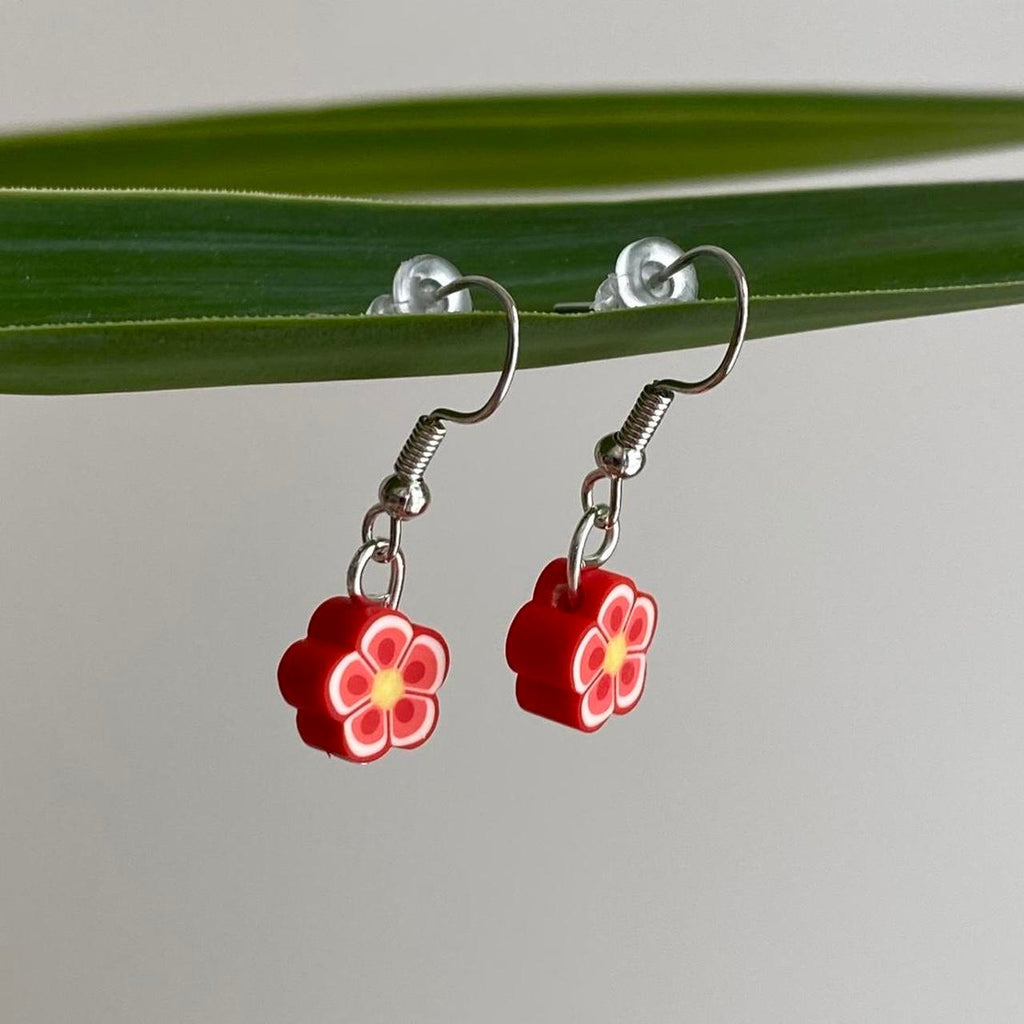 Red Tropical Flower Polymer Clay Dangle Earrings - Image 3
