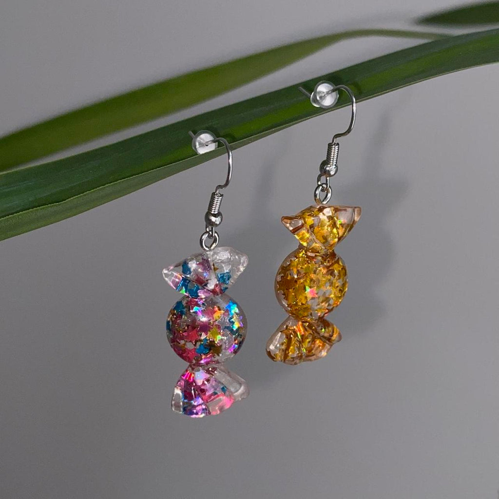 Sparkly Resin Gold And Rainbow Candy Dangle Earrings - Image 2