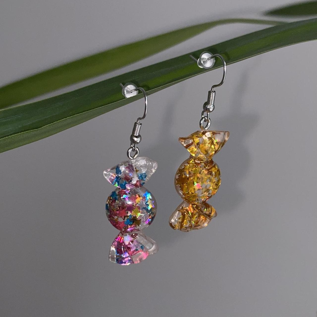 Sparkly Resin Gold And Rainbow Candy Dangle Earrings - Image 2