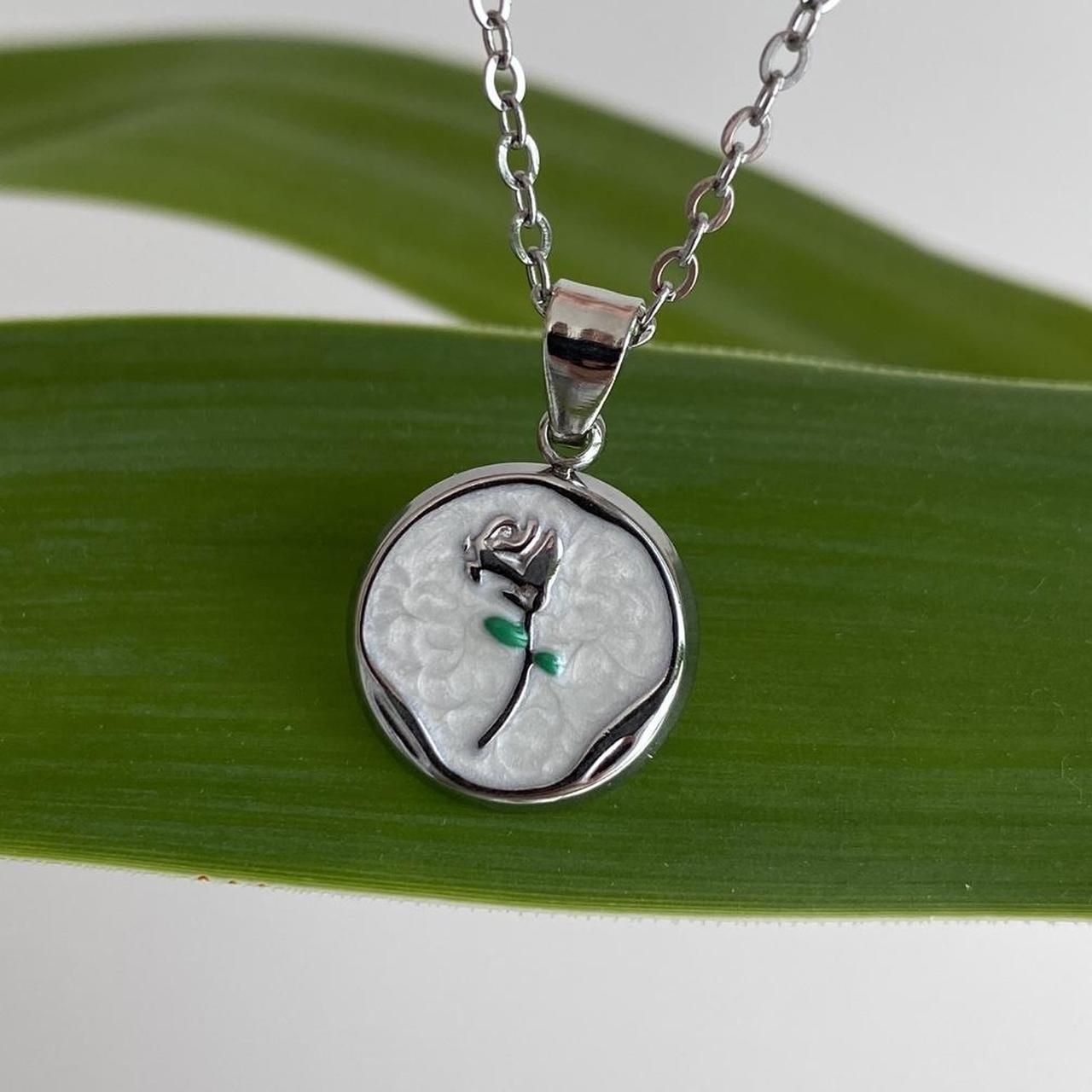 White Enamel Rose In Circle Pendant Chain Necklace - Image 6