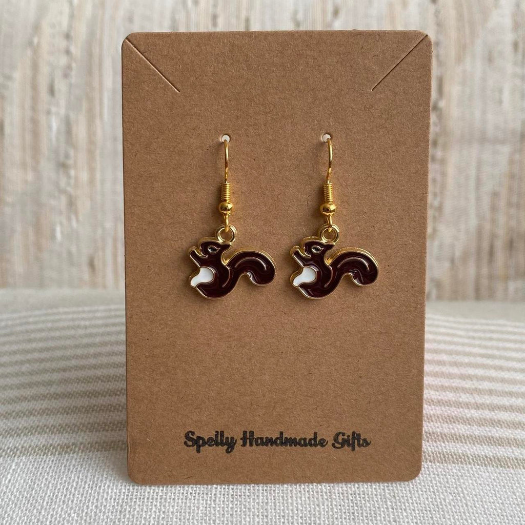 Dark Brown Squirrel Enamel Dangle Earrings With Gold - Image 3